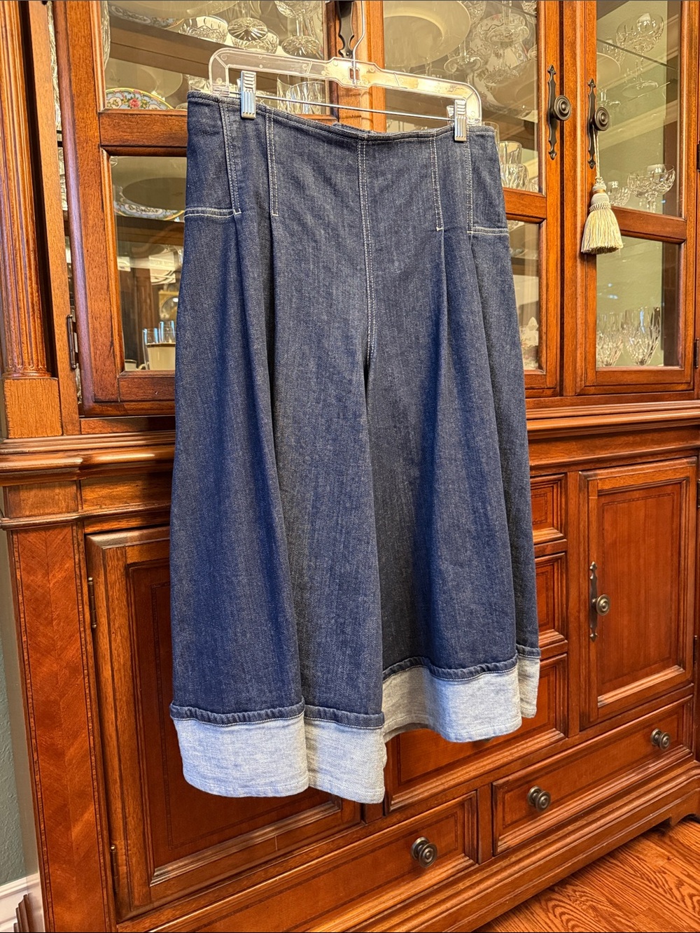 Pilcro Wide Leg Denim Culotte in Dark Blue with Light Blue Cuff